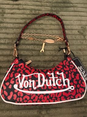Von Dutch Red and Black Leopard Mini Shoulder Bag with Gold Accents